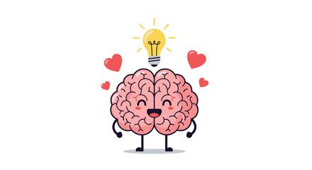 Cute cartoon brain with a lightbulb and hearts, representing a bright idea and love.
