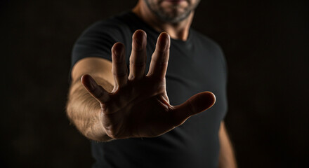 Urgent stop gesture from a man in dark clothing, conveying a powerful message of denial or boundary setting.