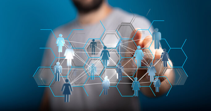 Close up of a hand touching a digital network of people. A modern business concept for connection and global in