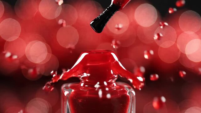 Red Nail Polish Pouring - A close-up shot shows a brush dripping red nail polish back into the open bottle. The background features red bokeh lights, adding a soft, vibrant ambiance to the scene.