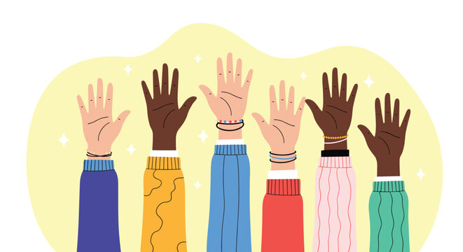 Illustration of diverse hands raised up in unity and support against a yellow background with sparkles. - Powered by Adobe
