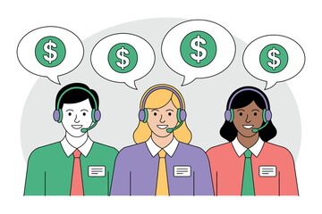 Customer service representatives communicate about money and financial transactions.