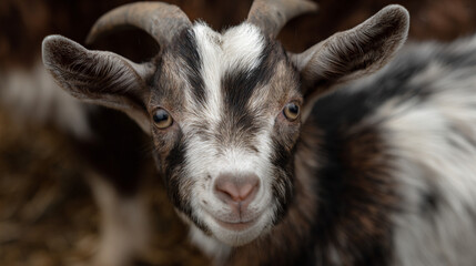 Fototapeta premium Close-up of a smiling baby goat with curved horn.