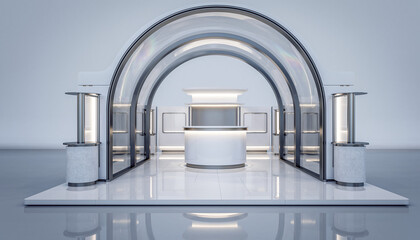 Sleek modern exhibition booth with glowing reception desk and minimalist display cases creates an inviting, high tech brand experience.