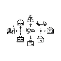 Fototapeta premium Global supply chain management process diagram with factory, warehouse, air, and road transport logistics icons.