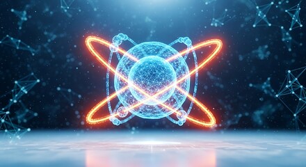 Abstract glowing atom model with orbiting electrons in a futuristic digital space