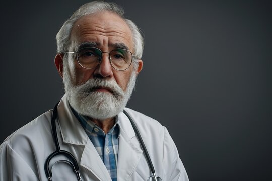 Portrait of confident mature male medical professional wearing glasses, white coat and stethoscope on grey background
