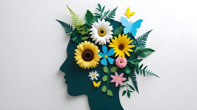 National Mental Health Provider Appreciation Day Silhouette of human head with colorful flowers and green leaves in profile view.