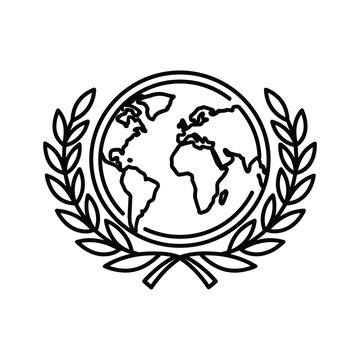 Global peace and unity symbol with a line art earth globe surrounded by an elegant olive branch wreath