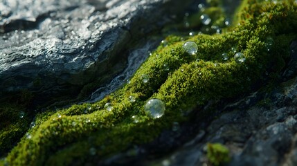 Ultra-close macro texture of moss with micro water droplets on a stone surface in soft ambient light.
