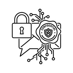 Cybersecurity concept icon illustrating digital data protection with padlock, confidential seal, and network.