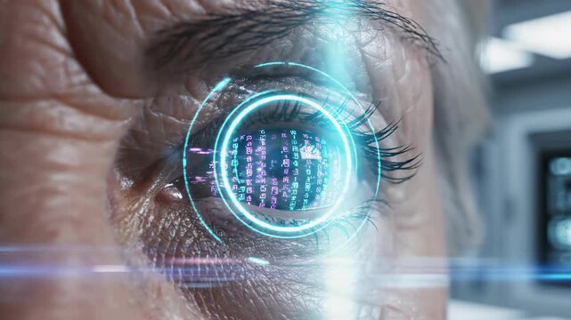 A senior woman's eye with a futuristic holographic scan. Digital data processing on a bionic iris. Artificial intelligence and identity recognition concept