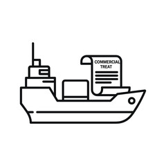 Outline icon of a cargo ship transporting a container and a commercial treat document for global trade.