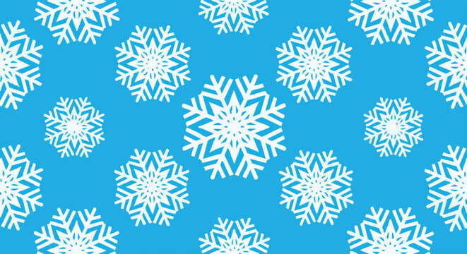 Seamless pattern of white snowflakes on a vibrant blue background, creating a festive and wintry design perfect for holiday decorations, seasonal greetings, and cold weather themes