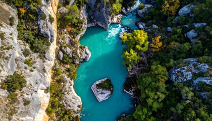 Aerial view of a vivid turquoise river flowing through a rocky gorge, lush trees lining its banks