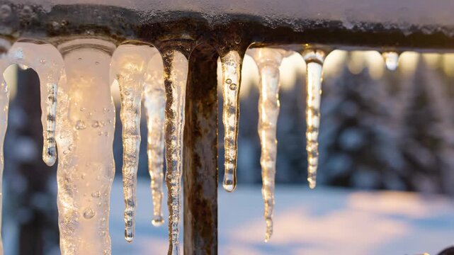Sparkling Icicles on Metal Railing - A close-up shot shows a row of clear icicles hanging from a dark, possibly rusty, metal railing.