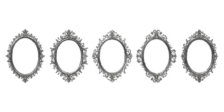 Ornate antique silver oval frames decorative collection isolated on white background