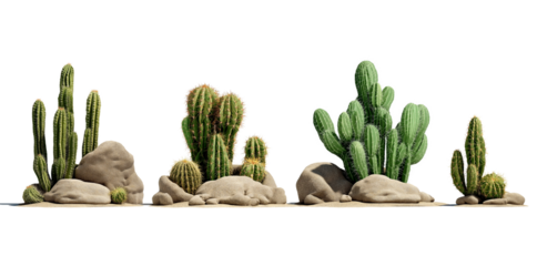 Desert cacti and rocks on sand isolated on a transparent background