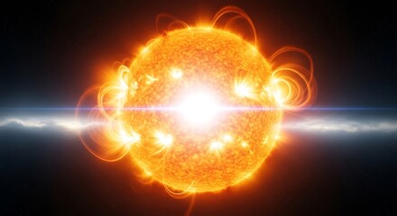 Fiery sun with solar flares and plasma streams in deep space