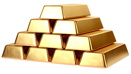 Pyramid stack of ten gleaming gold bars on a background bullion ingot isolated on a transparent background