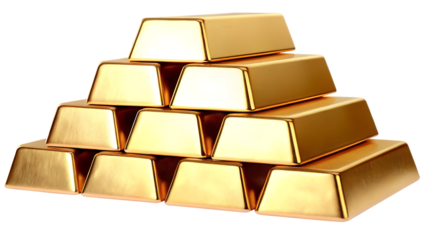 Pyramid stack of ten gleaming gold bars on a background bullion ingot isolated on a transparent background