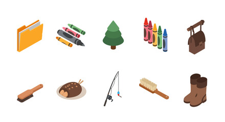 Isometric icons of crafting and outdoor gear for adventure enthusiasts