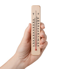 Hand holding wooden thermometer isolated on a transparent background