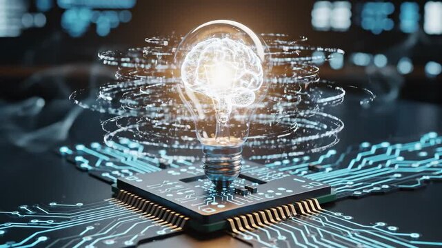 Artificial Intelligence Brain Power Concept - A close-up shot shows a glowing brain inside a lightbulb on a computer chip representing artificial intelligence and its ability to generate ideas.