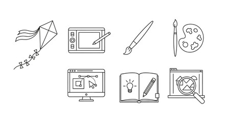 Creative line art icons of art tools and design equipment