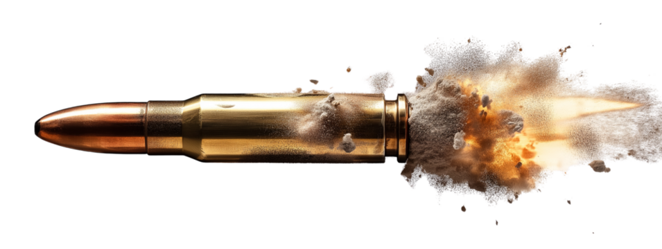 Firing bullet with explosion and debris isolated on a transparent background