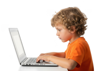 Young boy with curly blonde hair wearing an orange shirt intently typing on a modern silver laptop computer isolated on transparent background