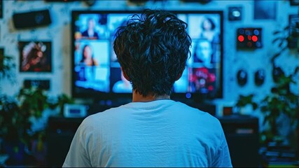 Rear view of a person participating in a virtual video conference call from their home, connecting with multiple people on a large screen during a remote online meeting - Powered by Adobe
