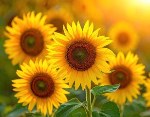 Golden Sunflowers in a Lush Green Field at Sunset, Warm Natural Light, Focus on Petals and Central Discs, Vibrant Yellow Blooms on Tall Stems, Pastoral Setting