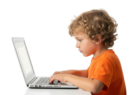 Young boy with curly blonde hair wearing an orange shirt intently typing on a modern silver laptop computer isolated on transparent background