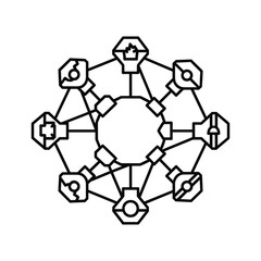 Fototapeta premium Connected enterprise system network with diverse hexagonal nodes illustrating various critical business functions.