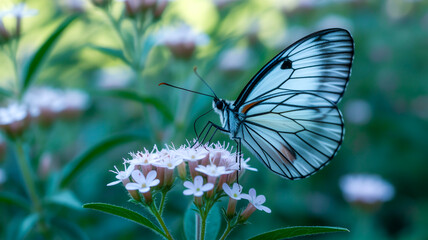 Fototapeta premium A macro photograph of a Black Veined White butterfly perched on a small white flower cluster