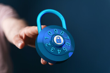 Hand holding a digital padlock symbolizing security and data protection in a digital world. Safety,...