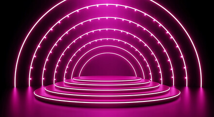 A futuristic stage with concentric pink neon arches and a tiered platform, creating a vibrant and energetic atmosphere