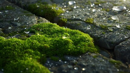 Ultra-close macro texture of moss with micro water droplets on a stone surface in soft ambient light.