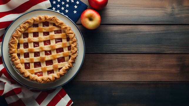 Celebrate American traditions with delicious apple pie and the flag, perfect for 4th of July or Thanksgiving celebrations, a taste of home and freedom - Powered by Adobe