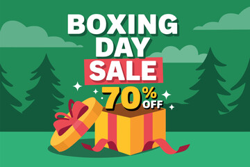 Boxing Day sale offers 70% off on gifts and presents amidst festive evergreen trees.