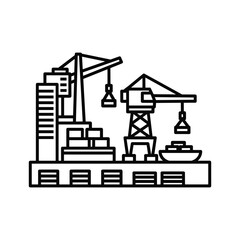 Harbor port scene with cargo ships, towering cranes, and city buildings; shipping, logistics, transportation icon