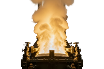 Industrial metallurgy furnace with flames and smoke erupting isolated on transparent background