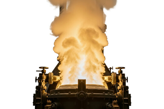 Industrial metallurgy furnace with flames and smoke erupting isolated on transparent background - Powered by Adobe