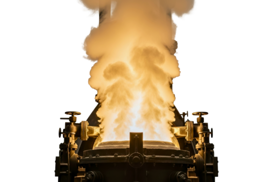 Industrial metallurgy furnace with flames and smoke erupting isolated on transparent background