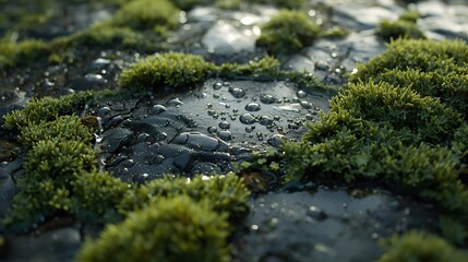 Ultra-close macro texture of moss with micro water droplets on a stone surface in soft ambient light.