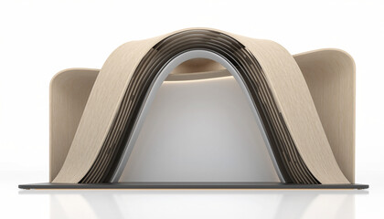 Stunning modern architectural exhibit design with layered wood and sleek curves creating an inviting, dynamic event space.