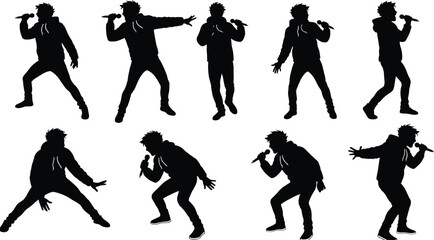 Black silhouette of a man singing into a microphone in various dynamic poses performance