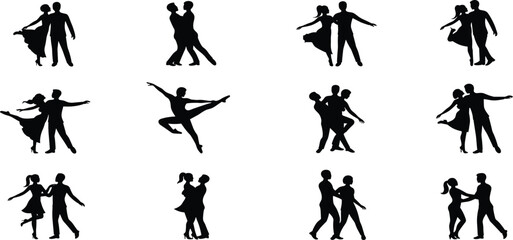 Collection of Black Silhouettes of Couples Dancing and a Solo Dancer ballet ballroom