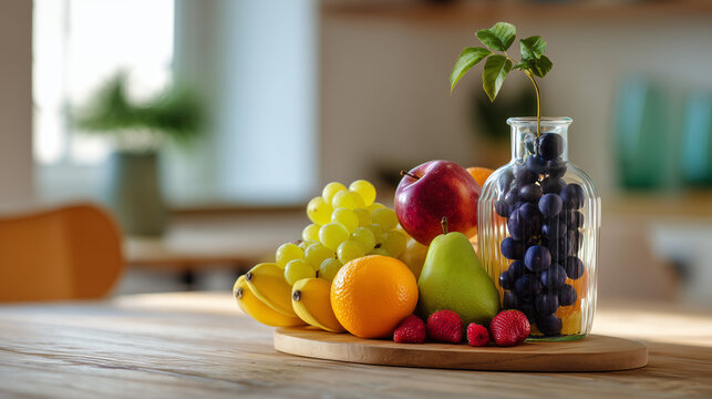 Still life composition featuring fresh fruits on a wooden board with a glass vase full of grapes